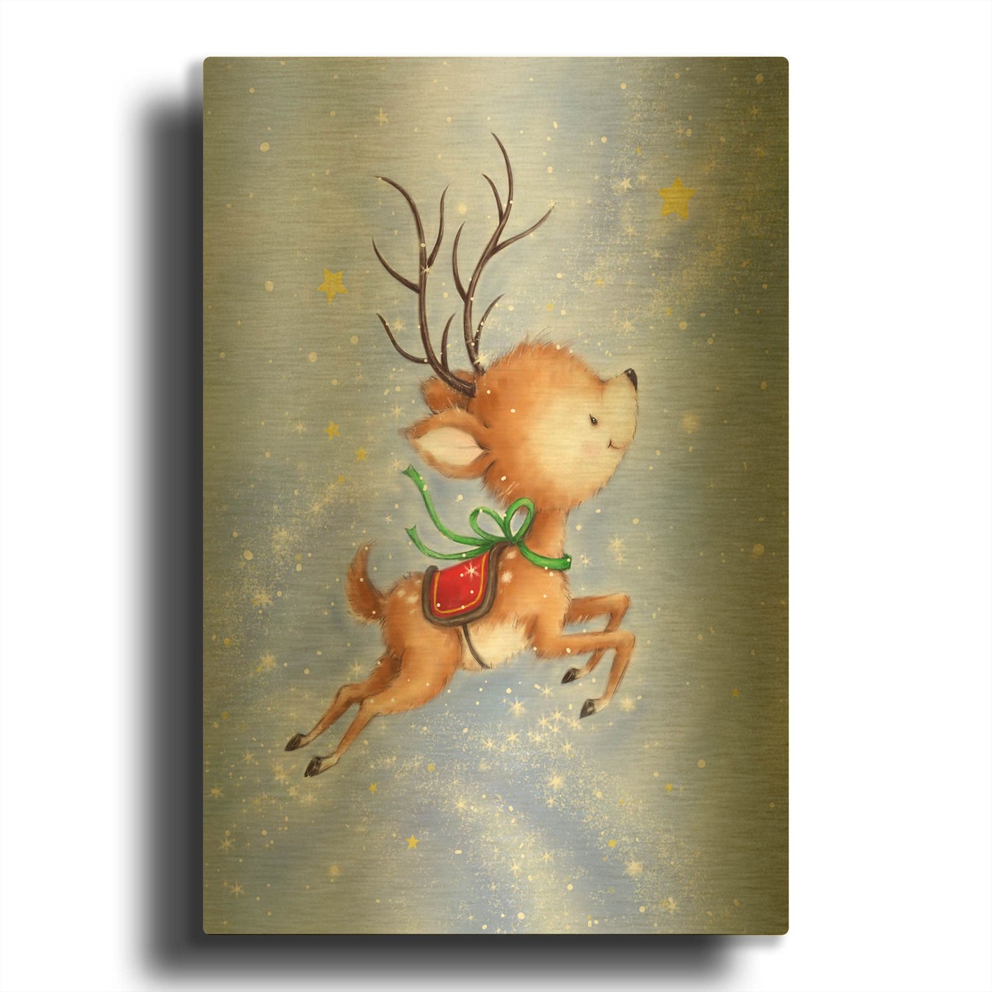 'Flying Rudolph' By Makiko Gold Metal Wall Art