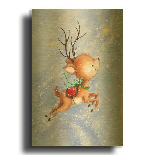 'Flying Rudolph' By Makiko Gold Metal Wall Art
