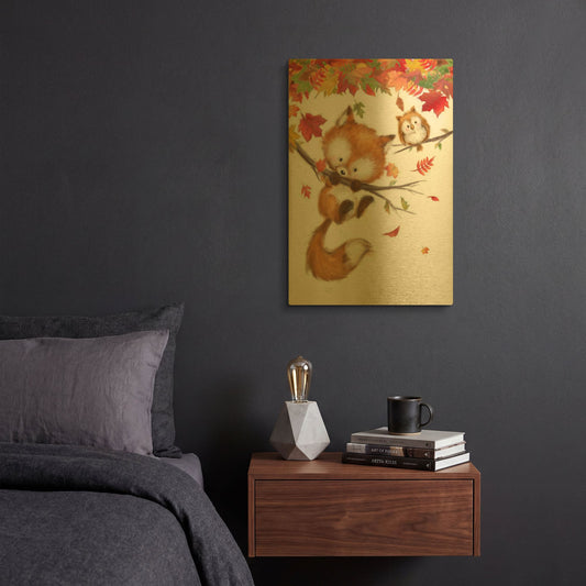 'Fox and Owl' By Makiko Gold Metal Wall Art