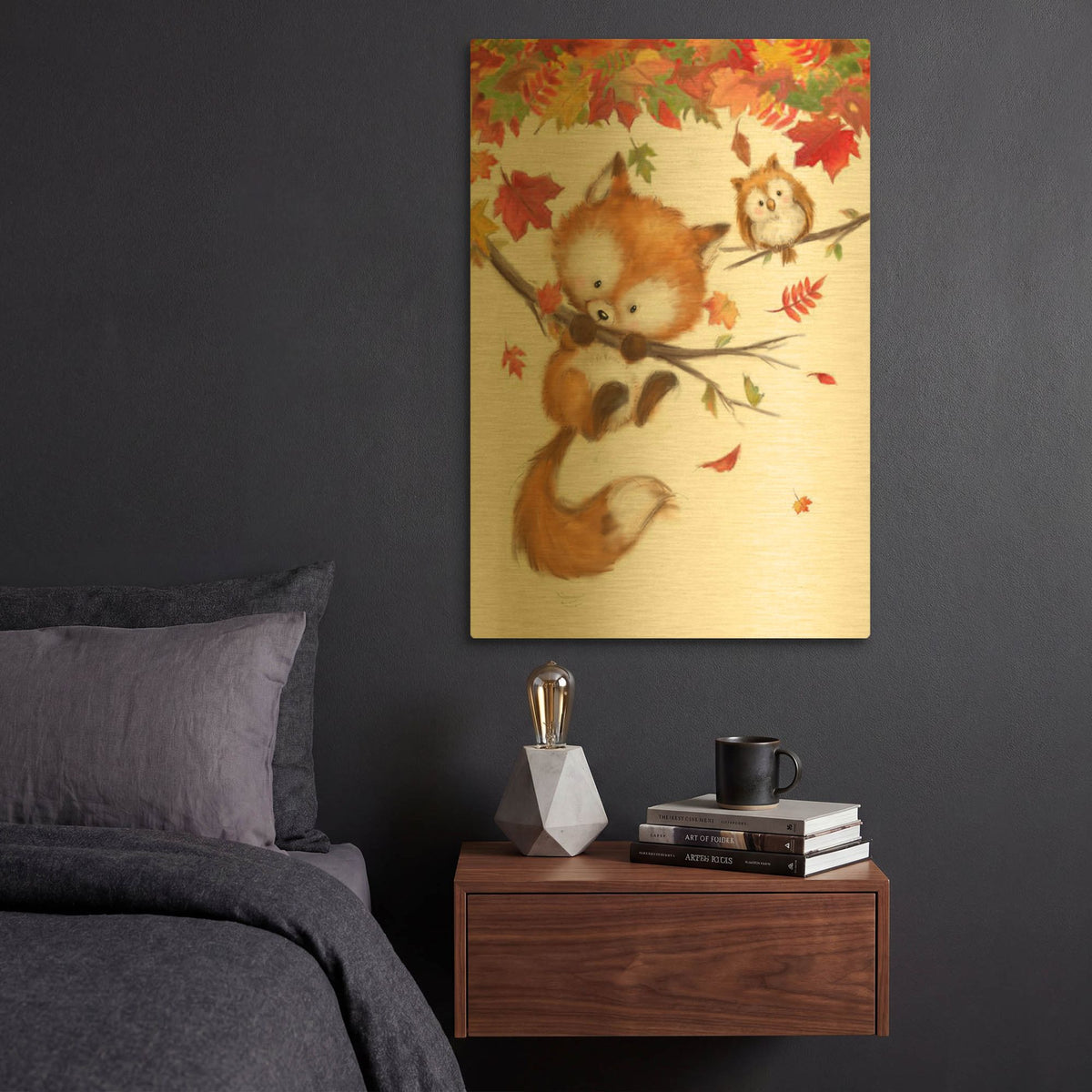 'Fox and Owl' By Makiko Gold Metal Wall Art