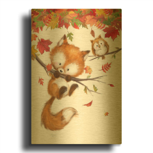 'Fox and Owl' By Makiko Gold Metal Wall Art