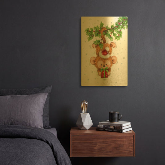'Monkey Christmas' By Makiko Gold Metal Wall Art