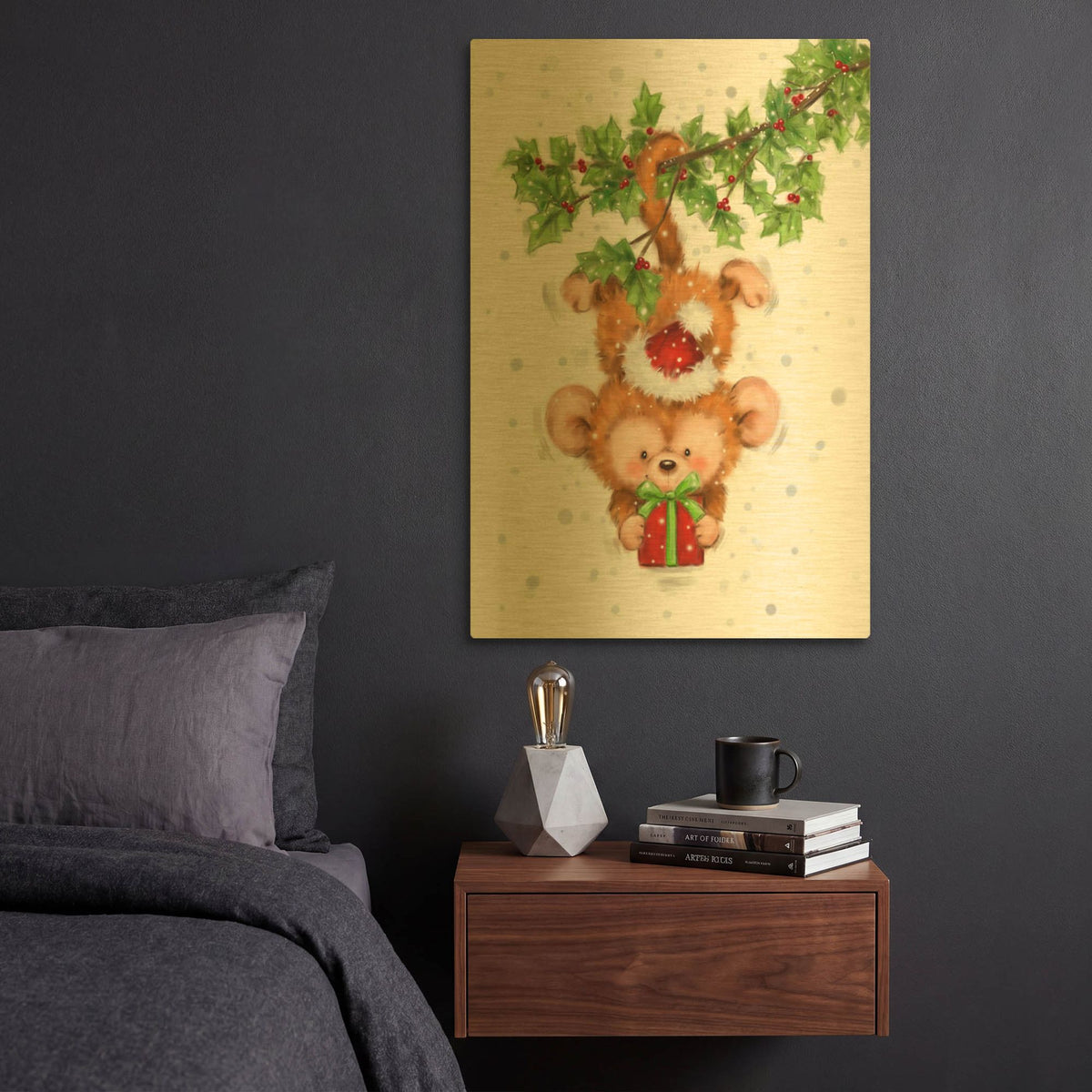 'Monkey Christmas' By Makiko Gold Metal Wall Art
