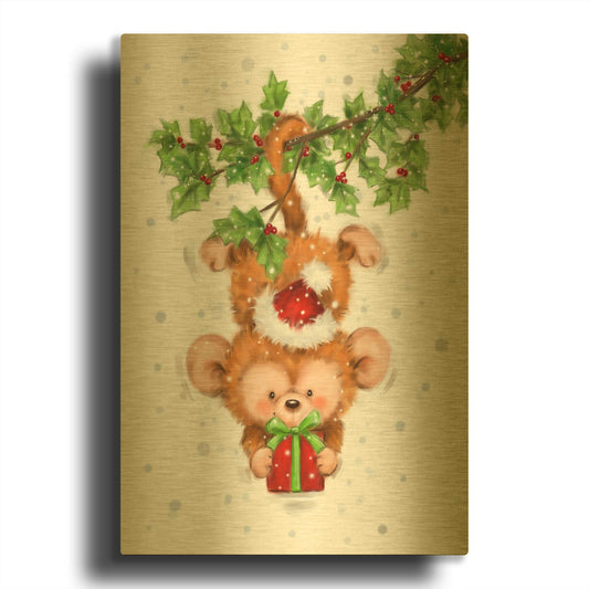 'Monkey Christmas' By Makiko Gold Metal Wall Art