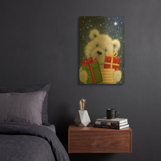 'Polar Bear and Presents' By Makiko Gold Metal Wall Art