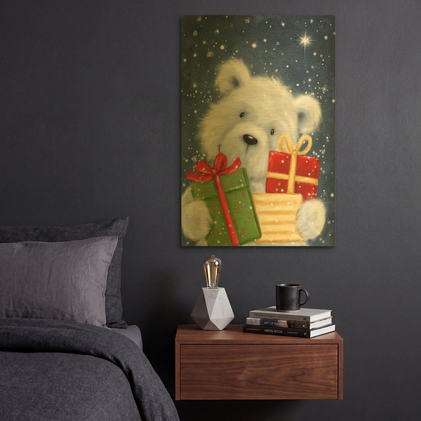'Polar Bear and Presents' By Makiko Gold Metal Wall Art