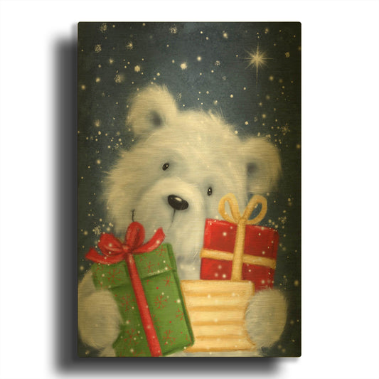 'Polar Bear and Presents' By Makiko Gold Metal Wall Art