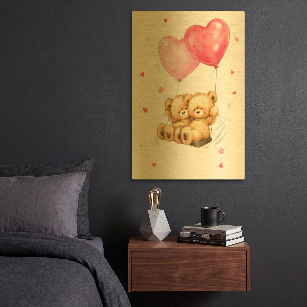 'Two Bears on Heart Swing' By Makiko Gold Metal Wall Art