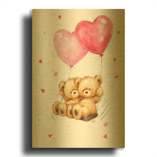 'Two Bears on Heart Swing' By Makiko Gold Metal Wall Art