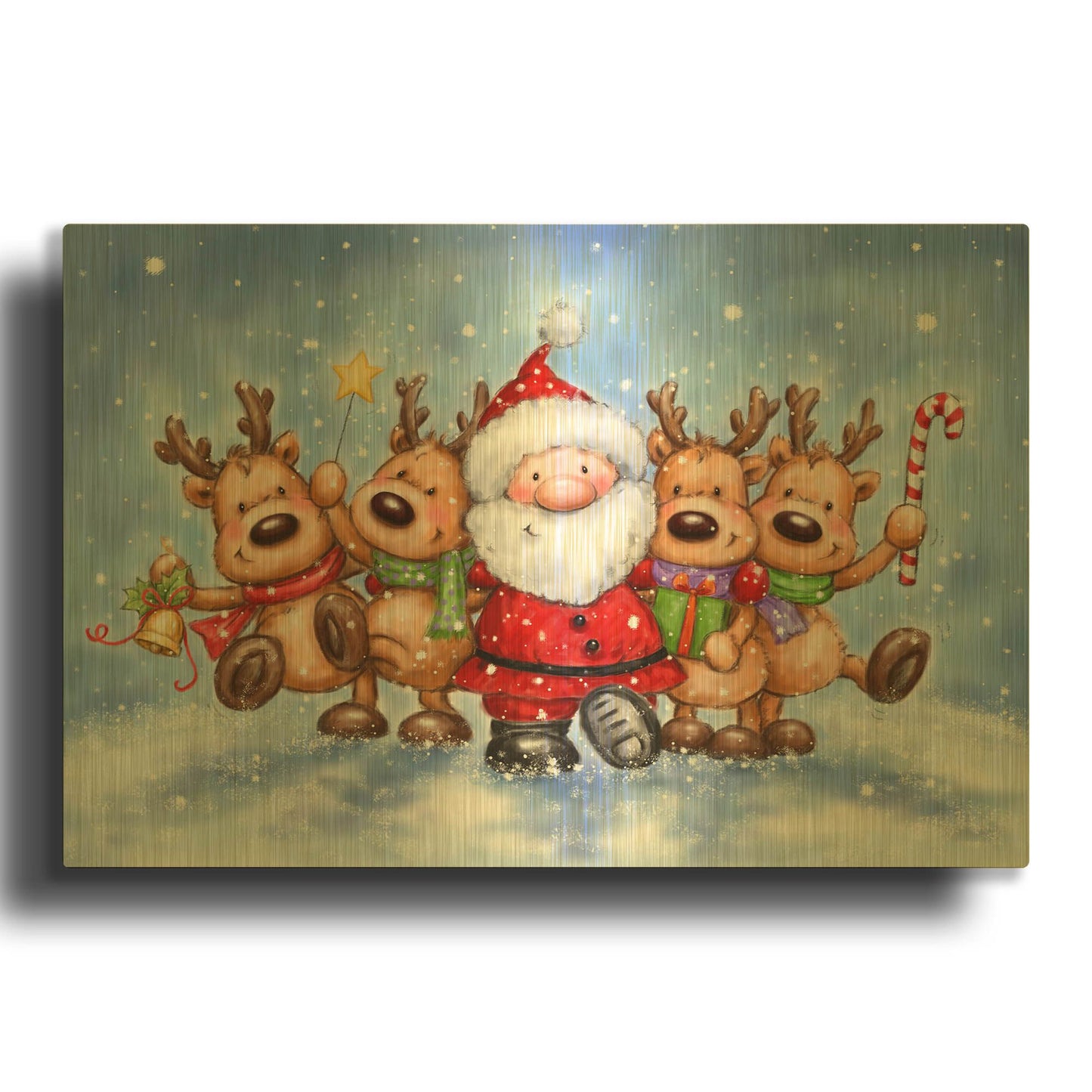 'Santa With Reindeers' By Makiko Gold Metal Wall Art
