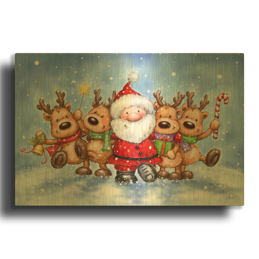 'Santa With Reindeers' By Makiko Gold Metal Wall Art