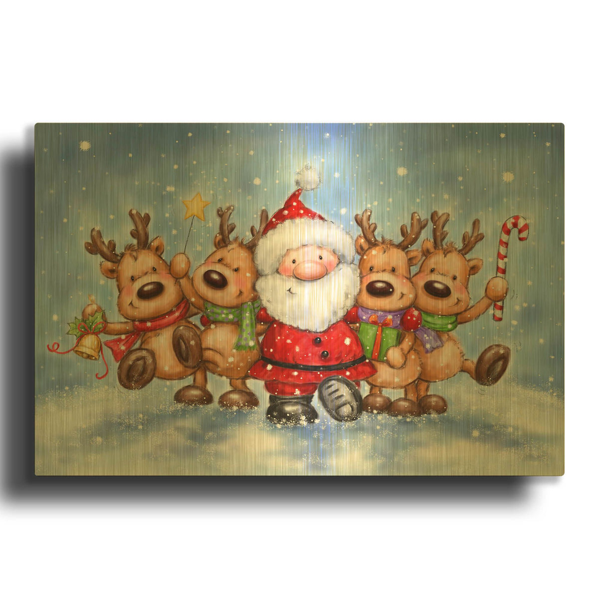 'Santa With Reindeers' By Makiko Gold Metal Wall Art