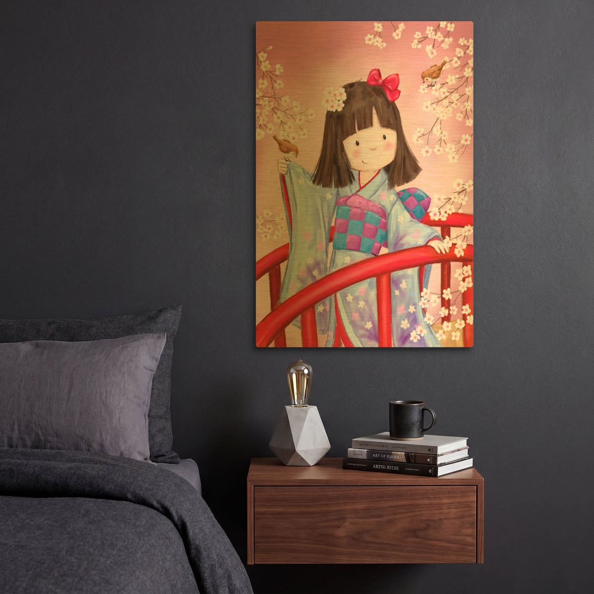 'Japanese Girl Bird 2' By Makiko Gold Metal Wall Art
