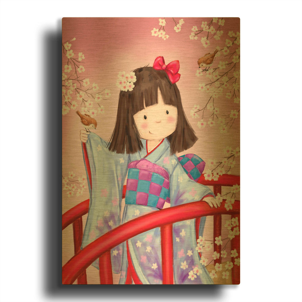 'Japanese Girl Bird 2' By Makiko Gold Metal Wall Art