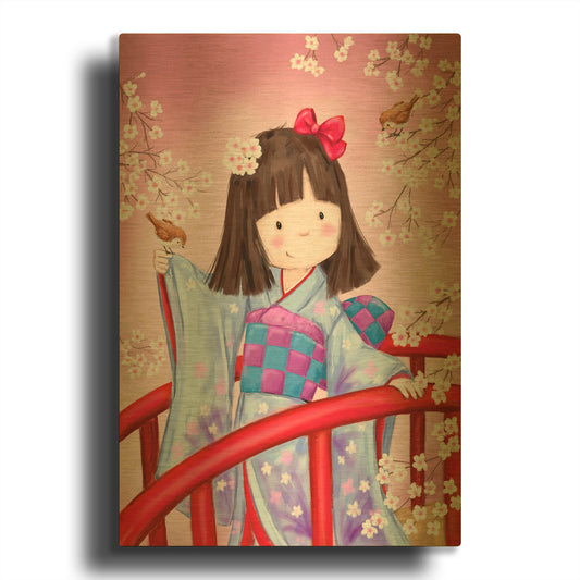 'Japanese Girl Bird 2' By Makiko Gold Metal Wall Art