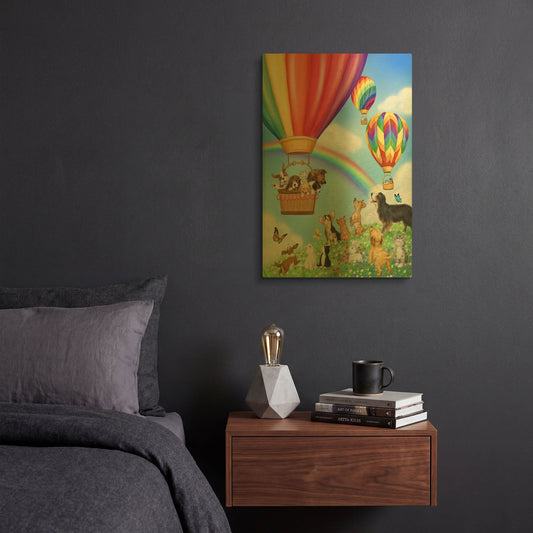 'Hot Air Balloon with Dog and Cat' By Makiko Gold Metal Wall Art
