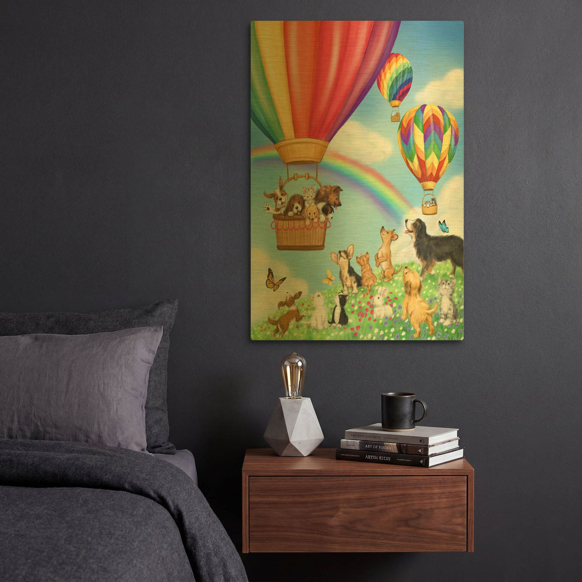 'Hot Air Balloon with Dog and Cat' By Makiko Gold Metal Wall Art