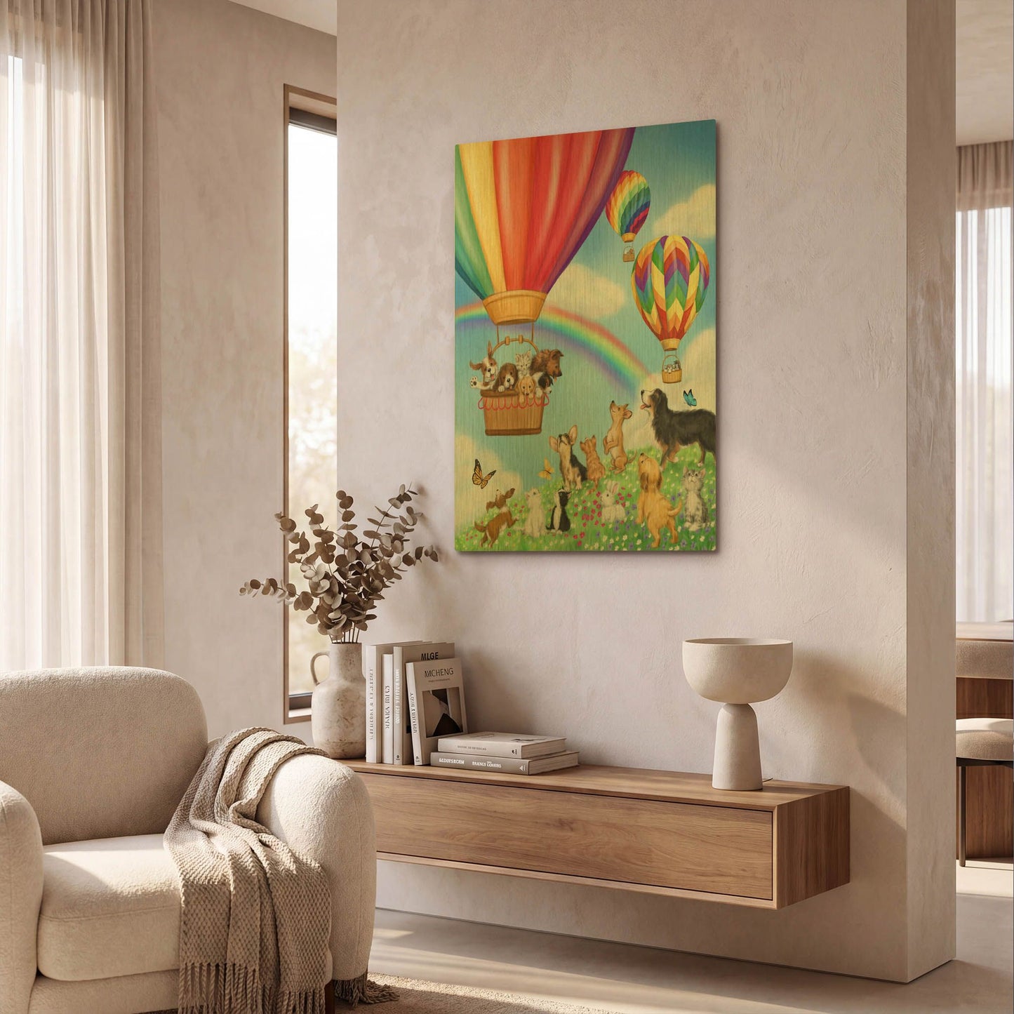 'Hot Air Balloon with Dog and Cat' By Makiko Gold Metal Wall Art