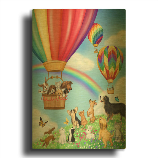 'Hot Air Balloon with Dog and Cat' By Makiko Gold Metal Wall Art
