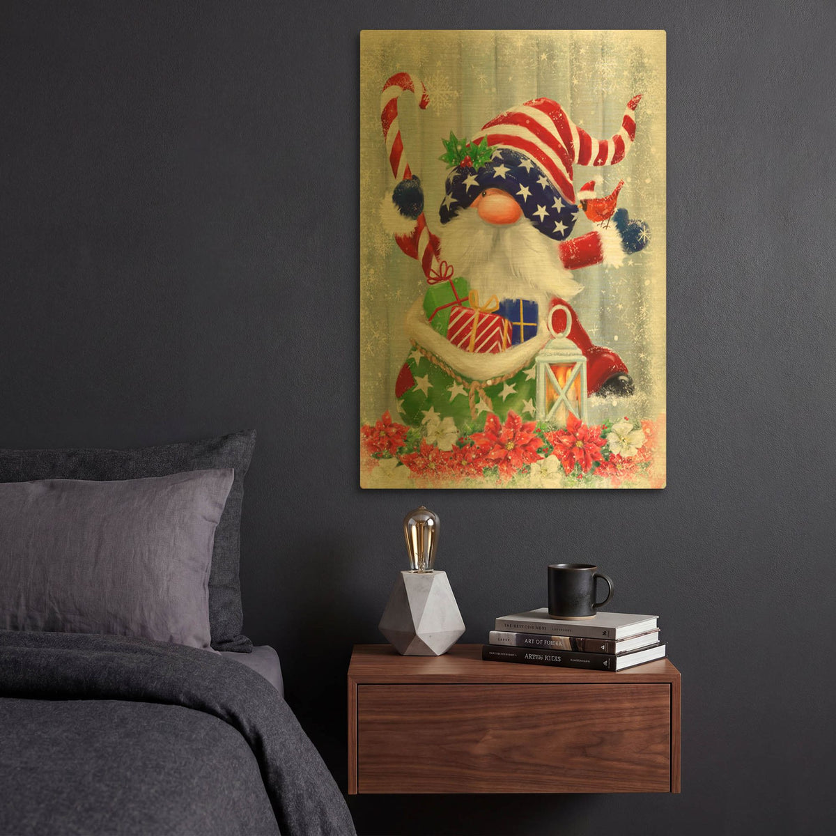 'American Christmas Gnome' By Makiko Gold Metal Wall Art