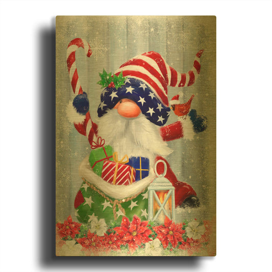 'American Christmas Gnome' By Makiko Gold Metal Wall Art