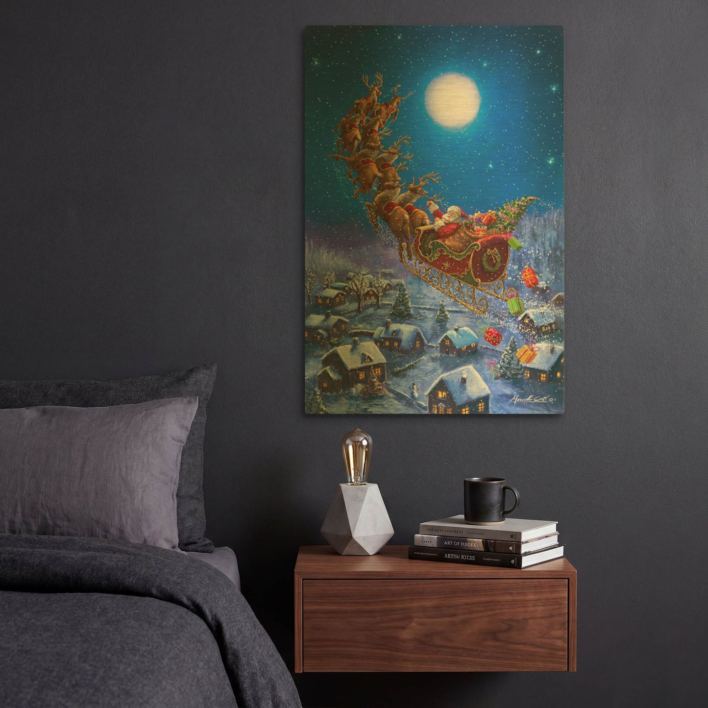 'Santa’s Night Ride' By Ali Corti Gold Metal Wall Art