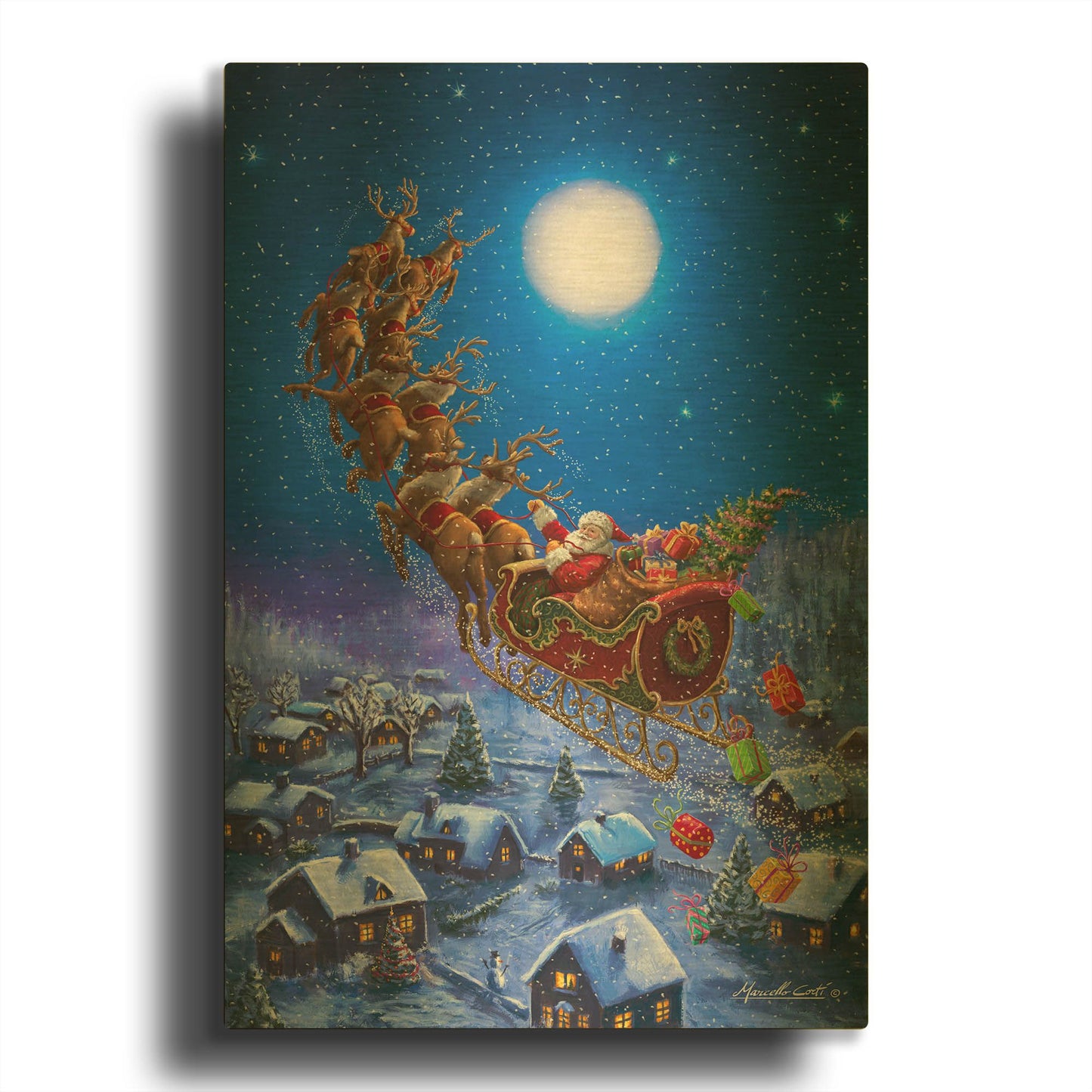 'Santa’s Night Ride' By Ali Corti Gold Metal Wall Art