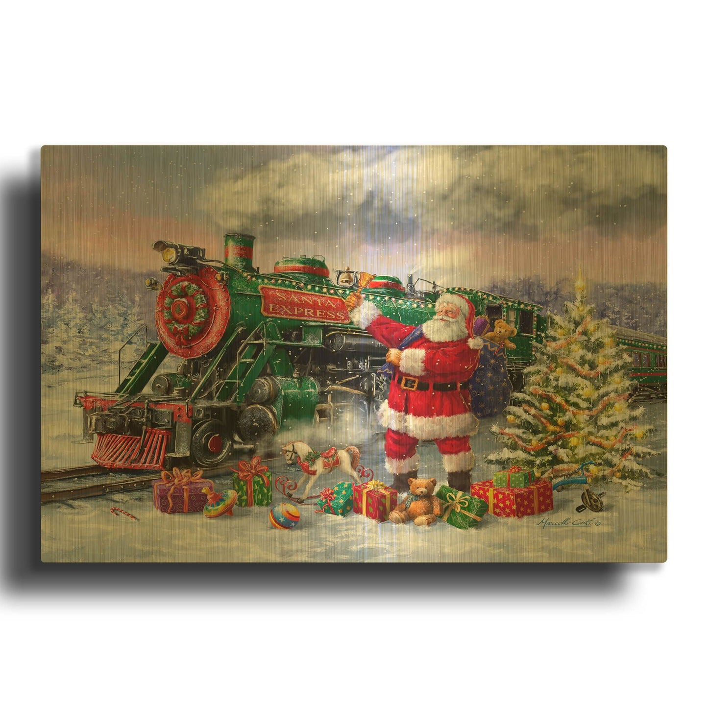 'Santa’s Express Train' By Ali Corti Gold Metal Wall Art