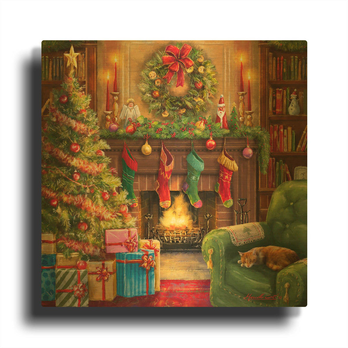 'Cozy Christmas Evening' By Ali Corti Gold Metal Wall Art