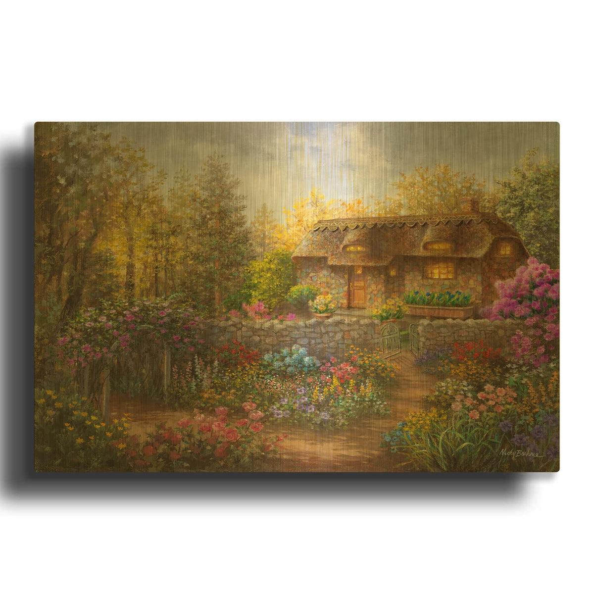 'Cottage Garden in Full Bloom' By Nicky Boehme Gold Metal Wall Art