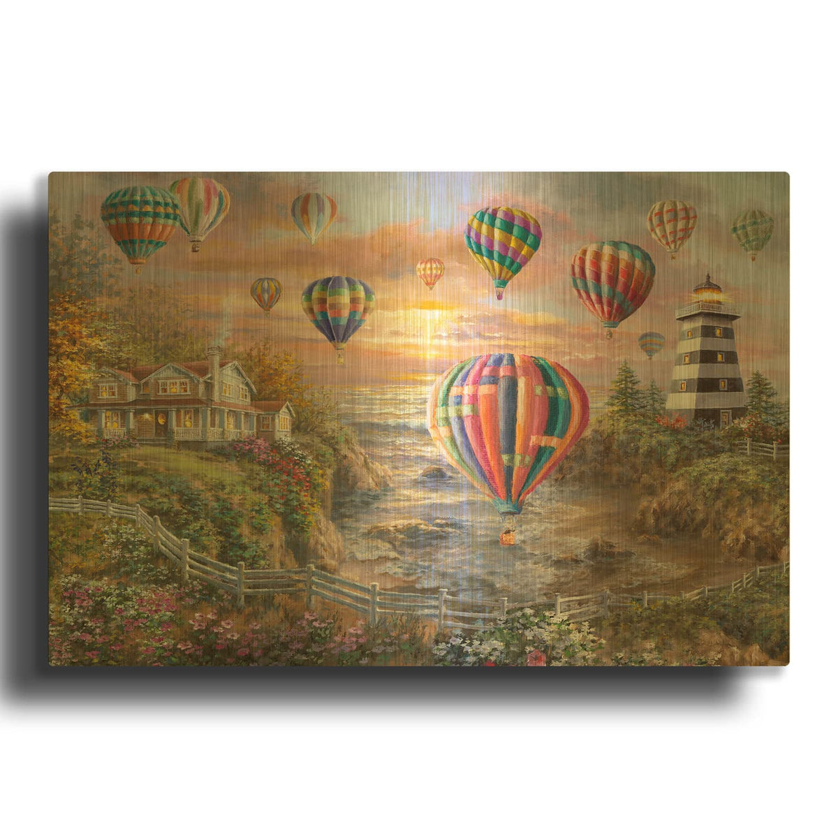 'Balloons Over Cottage Cove' By Nicky Boehme Gold Metal Wall Art