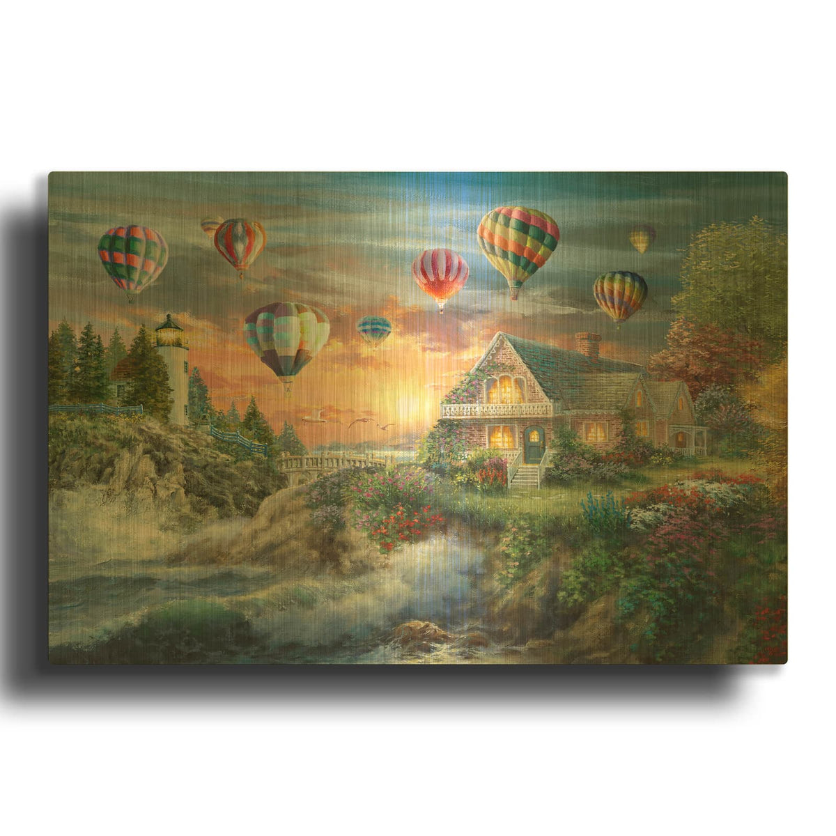 'Balloons over Sunset Cove' By Nicky Boehme Gold Metal Wall Art