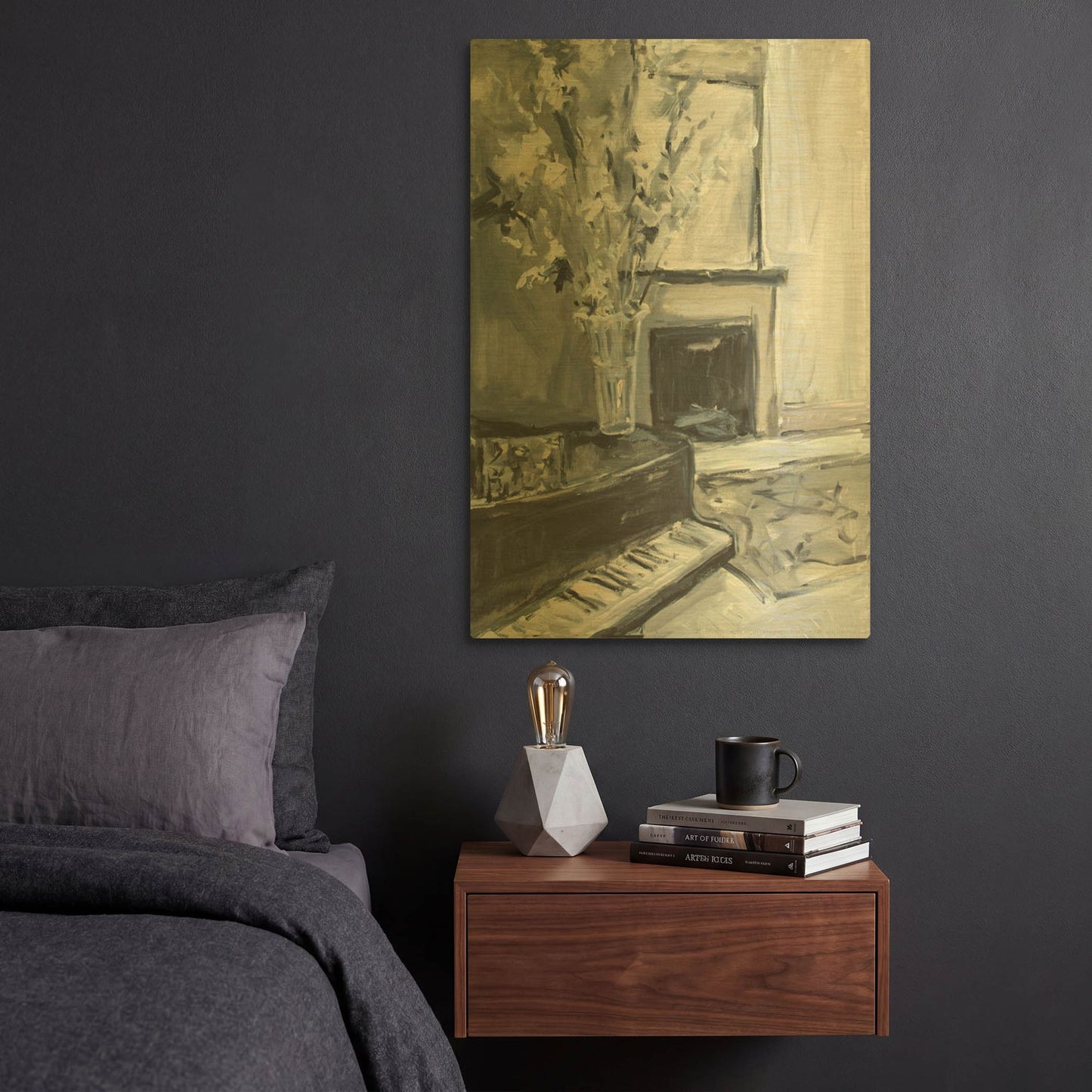 'Piano And Fireplace' By JD Gold Metal Wall Art