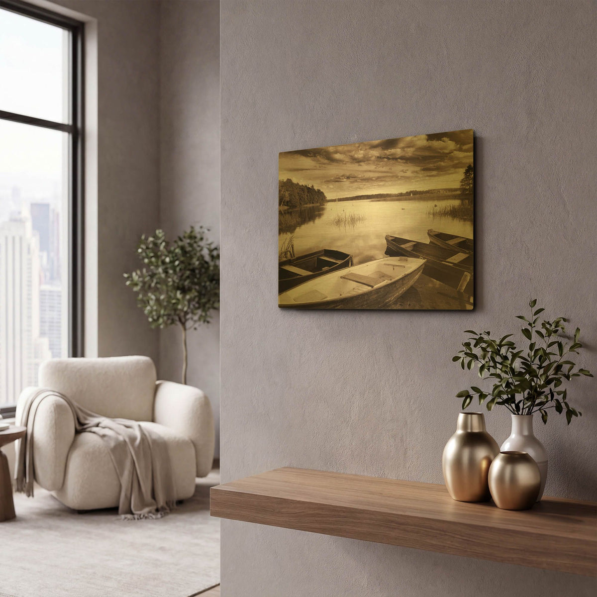 'Lake W Boats' By JD Gold Metal Wall Art