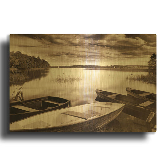 'Lake W Boats' By JD Gold Metal Wall Art