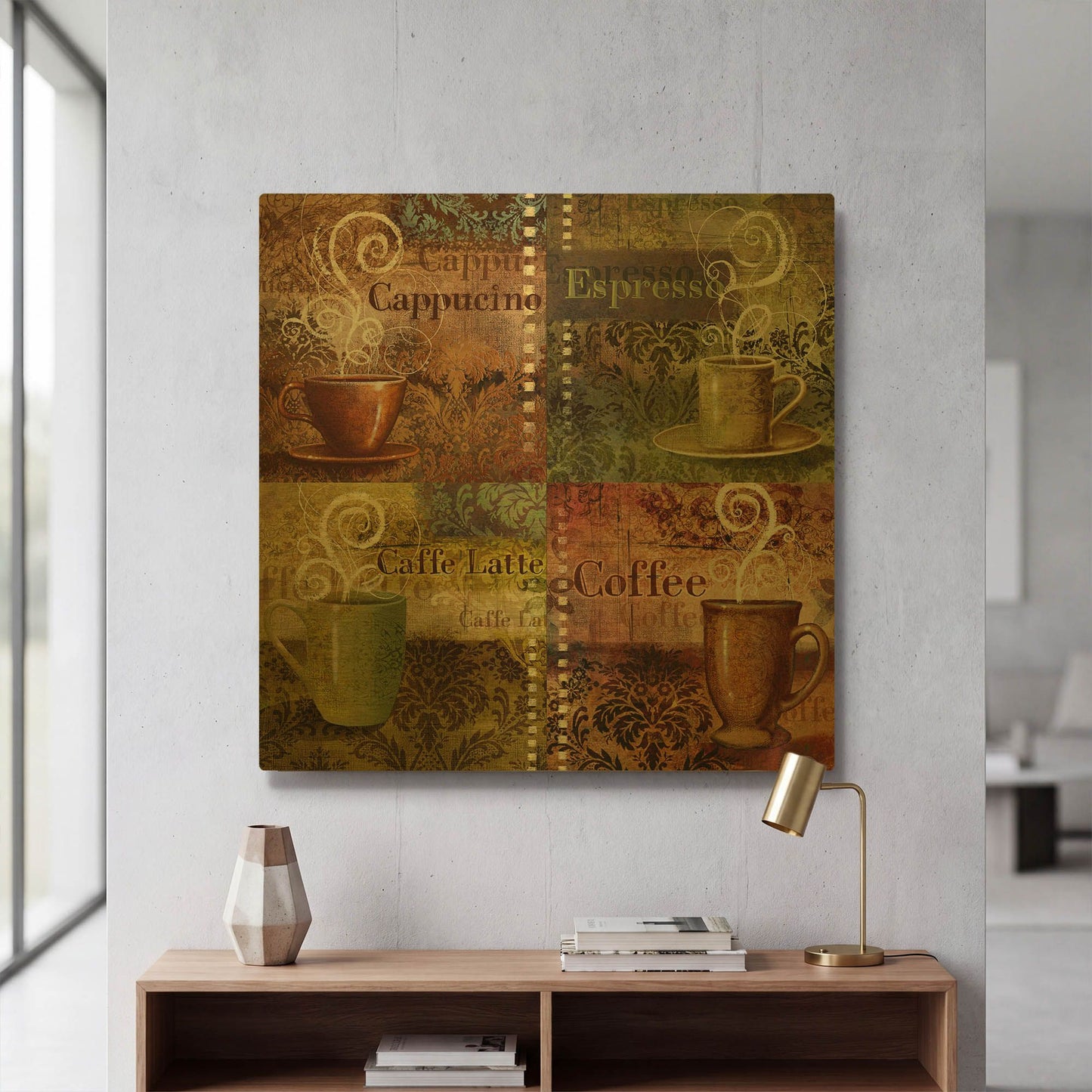 'Coffee 5 Four Coffees' By Viv Eisner Gold Metal Wall Art