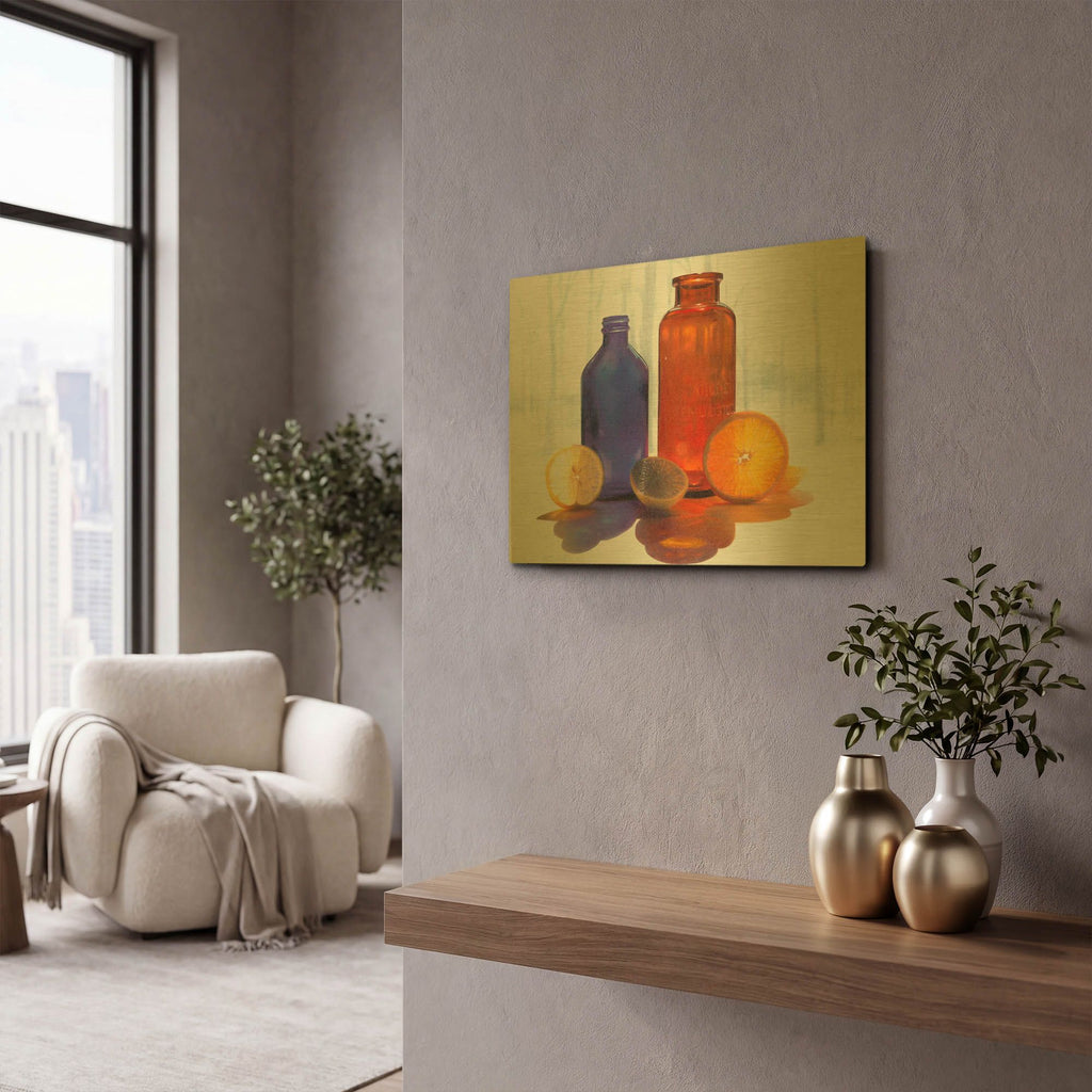 'Bottles and Slices final' By Cecile Baird Gold Metal Wall Art