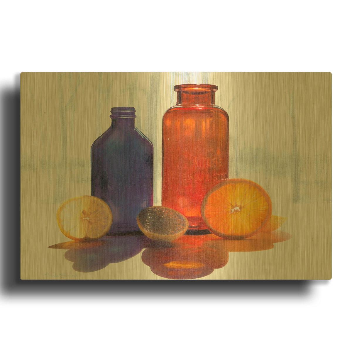 'Bottles and Slices final' By Cecile Baird Gold Metal Wall Art