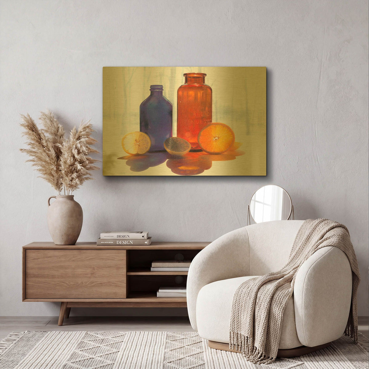 'Bottles and Slices final' By Cecile Baird Gold Metal Wall Art