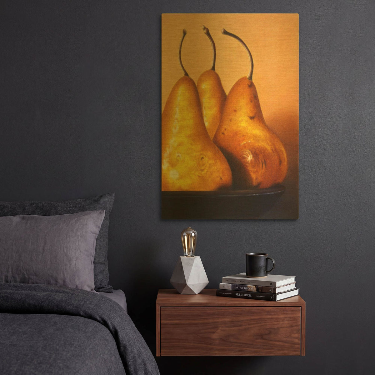 'Three Pears on Stonehenge' By Cecile Baird Gold Metal Wall Art