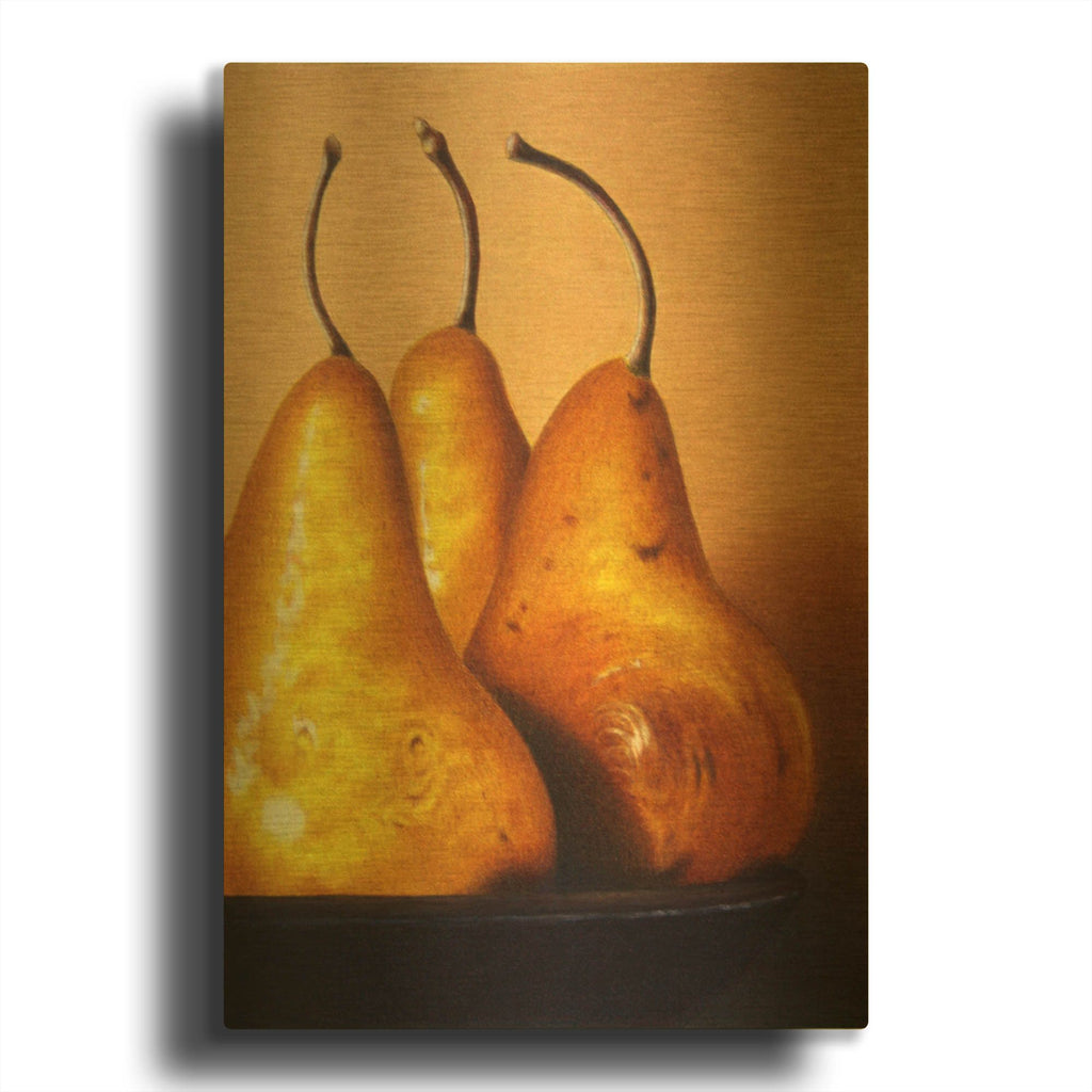 'Three Pears on Stonehenge' By Cecile Baird Gold Metal Wall Art