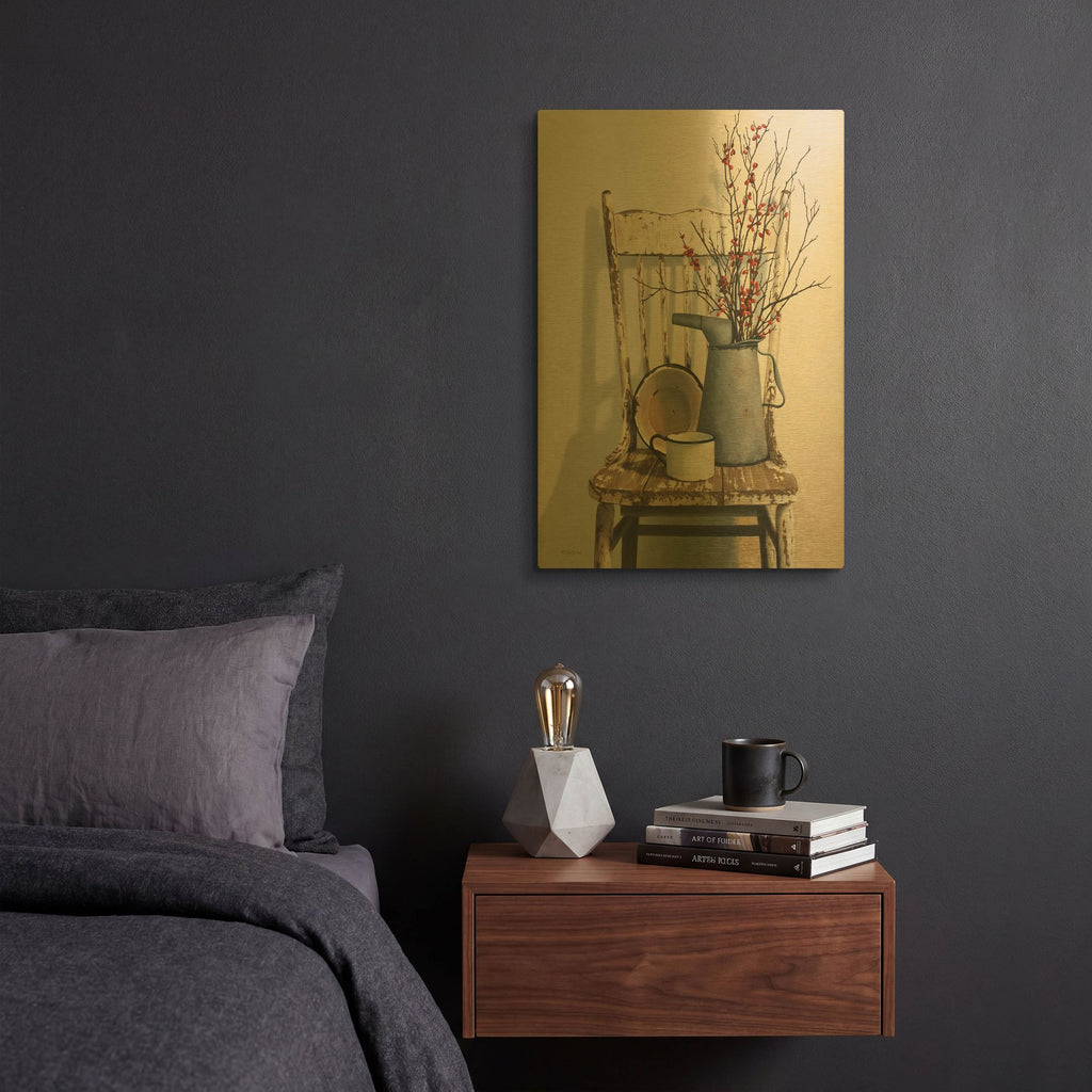 'Watering Can On Chair' By Cecile Baird Gold Metal Wall Art