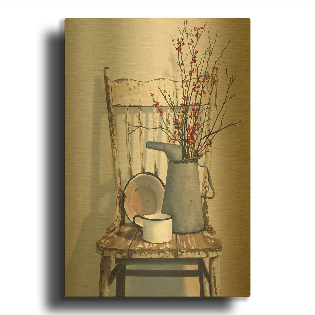 'Watering Can On Chair' By Cecile Baird Gold Metal Wall Art