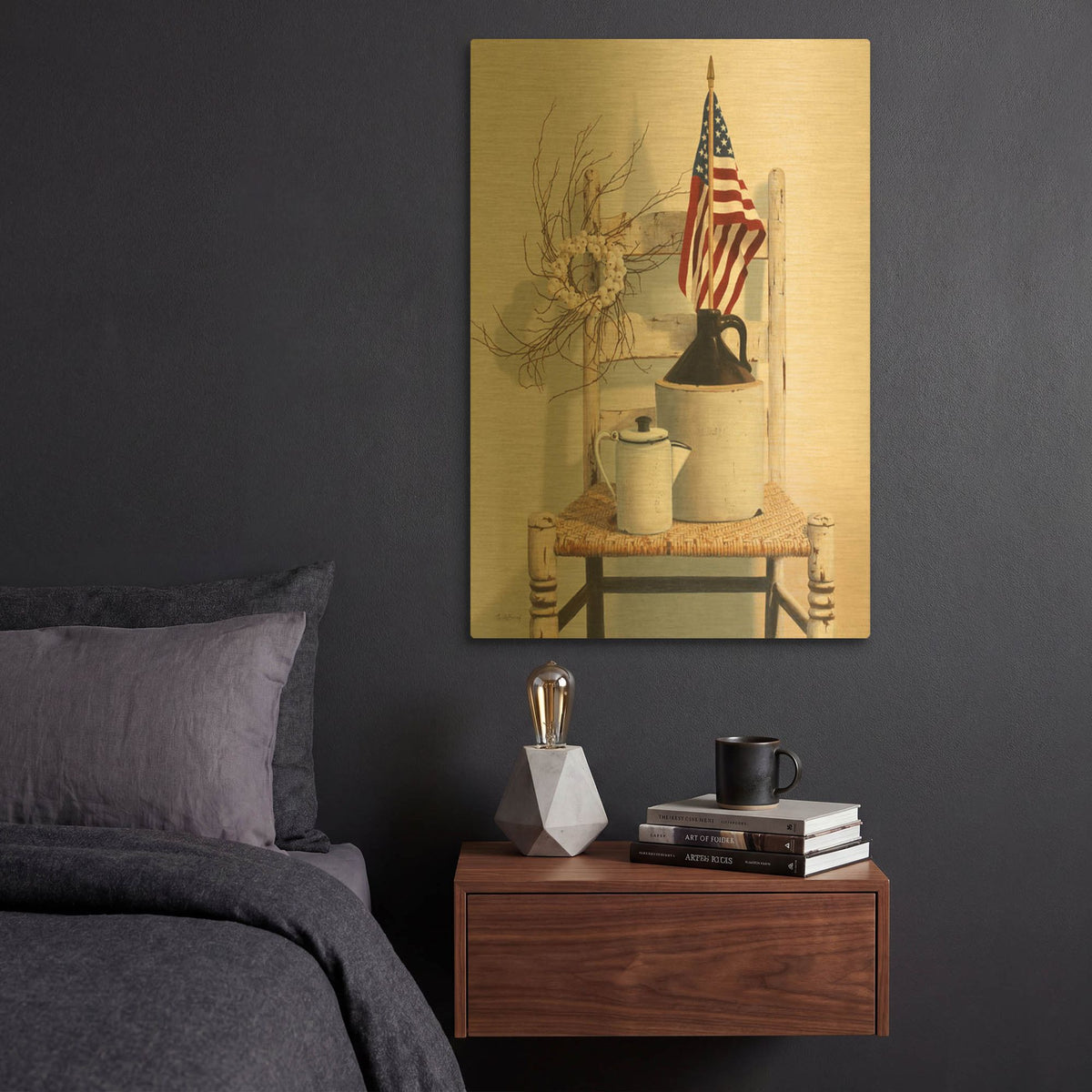 'Chair With Jug And Flag' By Cecile Baird Gold Metal Wall Art