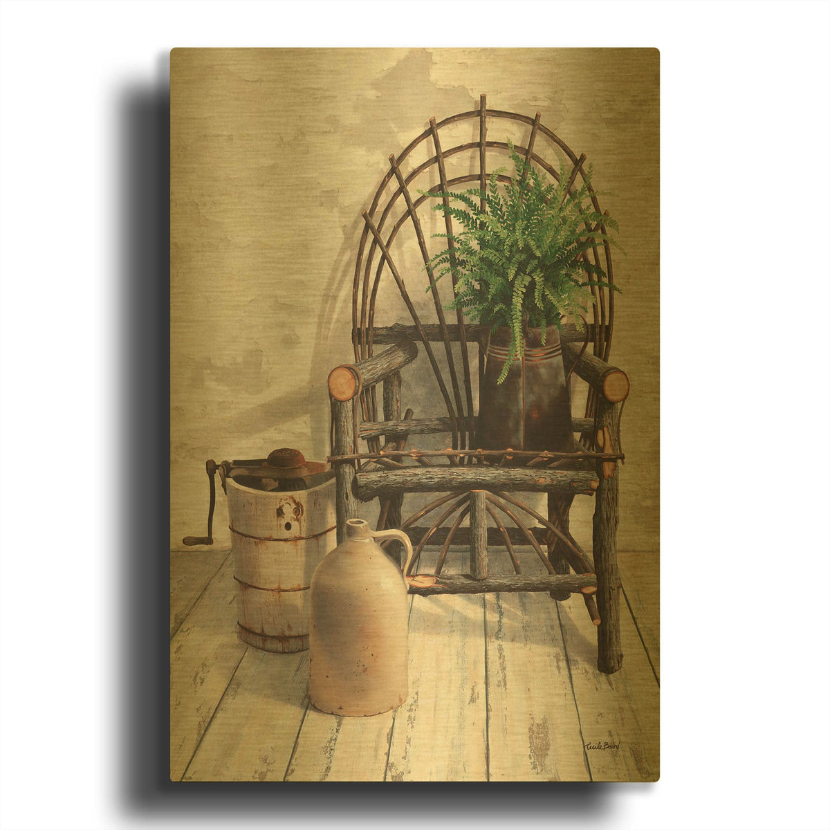 'Wicker Chair With Ice Cream Churn' By Cecile Baird Gold Metal Wall Art