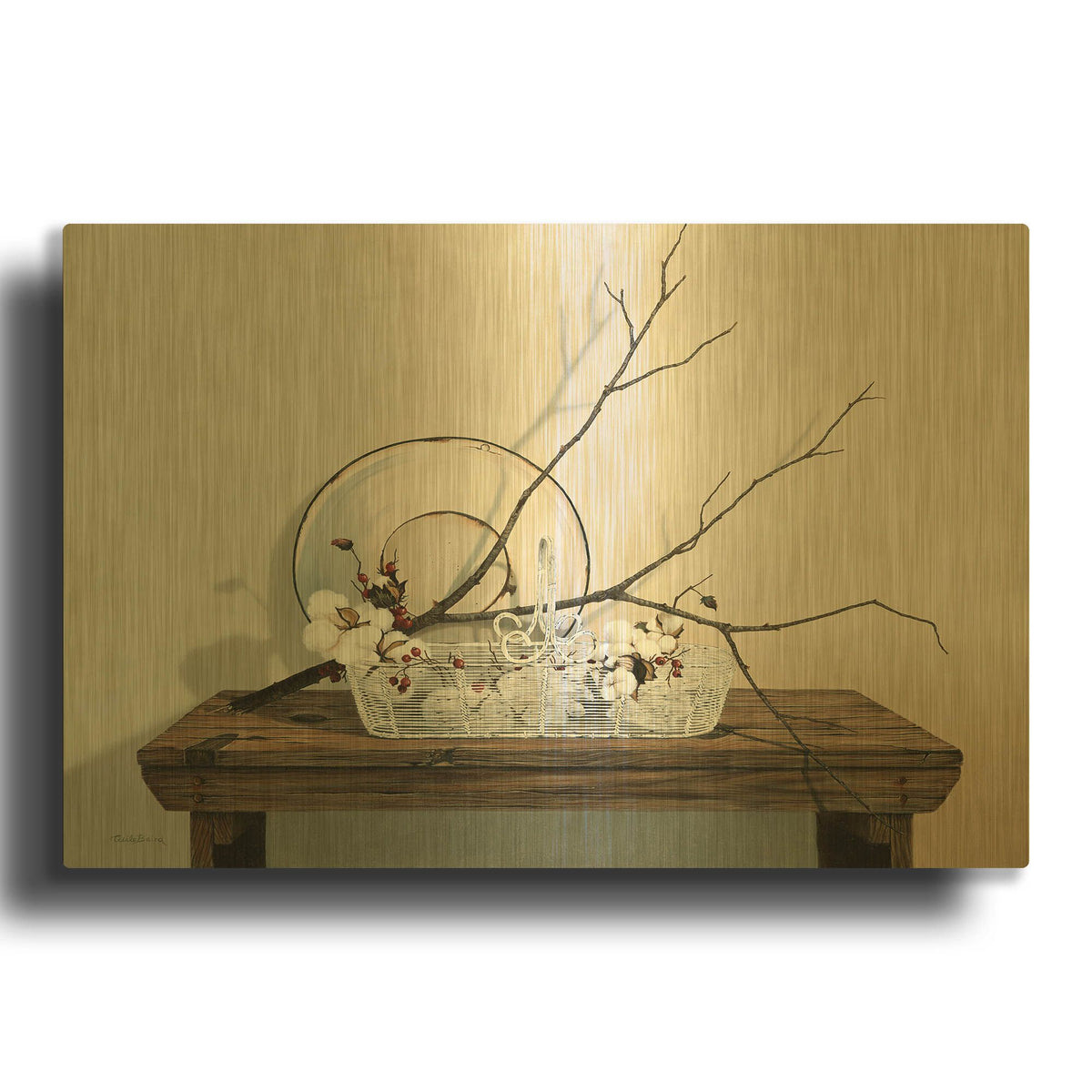 'Wire Basket With Cotton' By Cecile Baird Gold Metal Wall Art