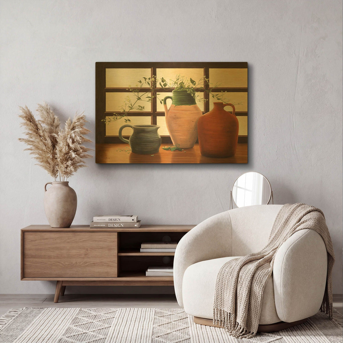 'Olive Jar With Flowering Vine' By Cecile Baird Gold Metal Wall Art