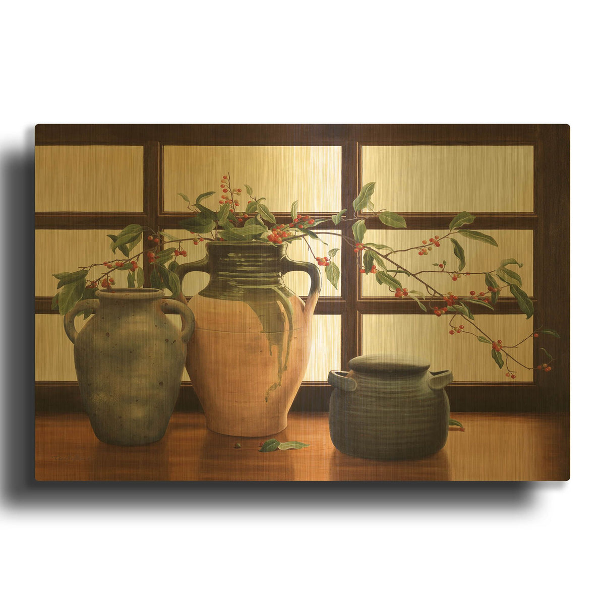 'Olive Jar With Red Berry Branches' By Cecile Baird Gold Metal Wall Art