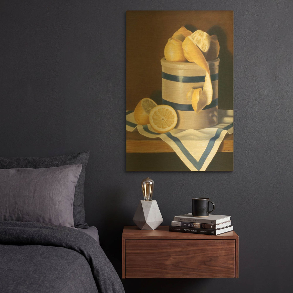 'Blue Stripes & Lemons' By Cecile Baird Gold Metal Wall Art
