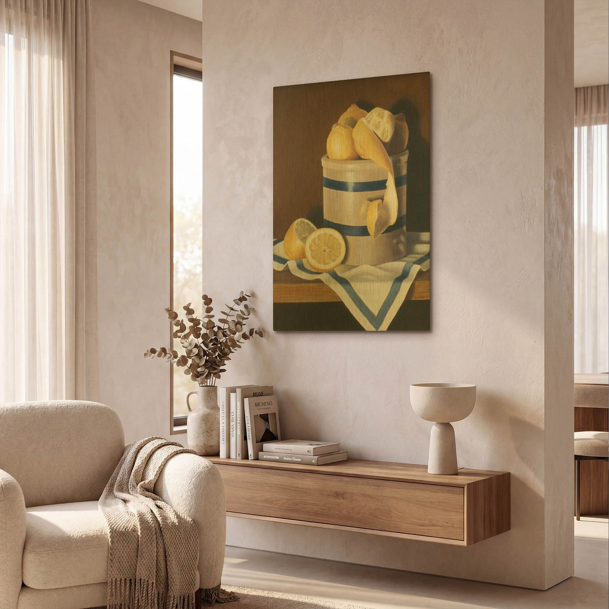 'Blue Stripes & Lemons' By Cecile Baird Gold Metal Wall Art